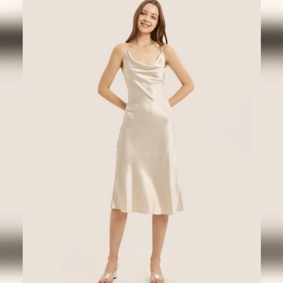 Silk Satin Slip Midi Dress (Light Beige) - NAP Loungewear - Picture 2 of 12